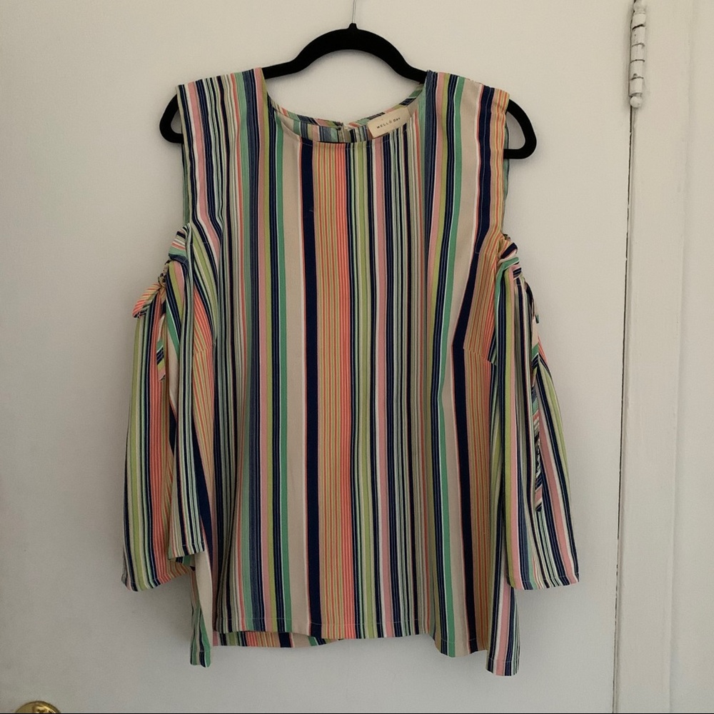 Rainbow striped cold shoulder top